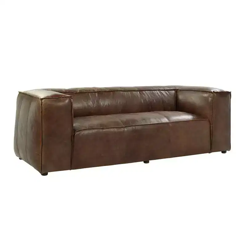 Brancaster 98" Sofas Retro Brown Top Grain Leather - Acme Furniture: Vintage Style, Aluminum Accents, 5-Seater