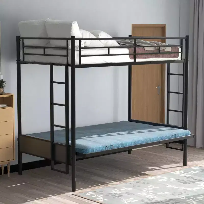 Twin over Full Metal Bunk Bed with Adjustable Lower Bunk – Black, Multi-Function
