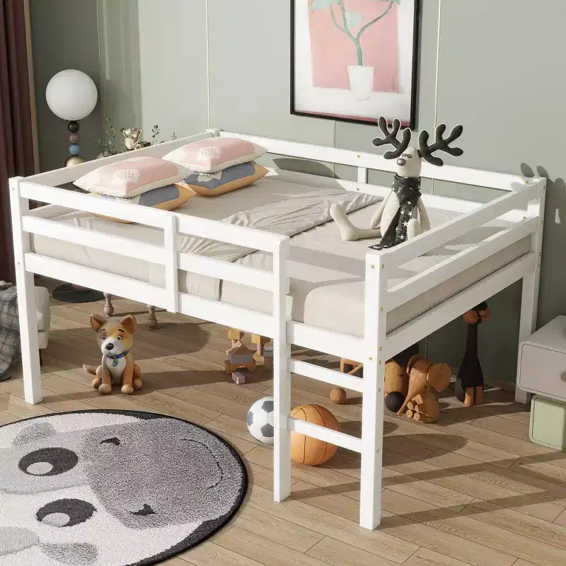 MAYEERTY Rubber Woood Loft Bed with Safety Ladder White