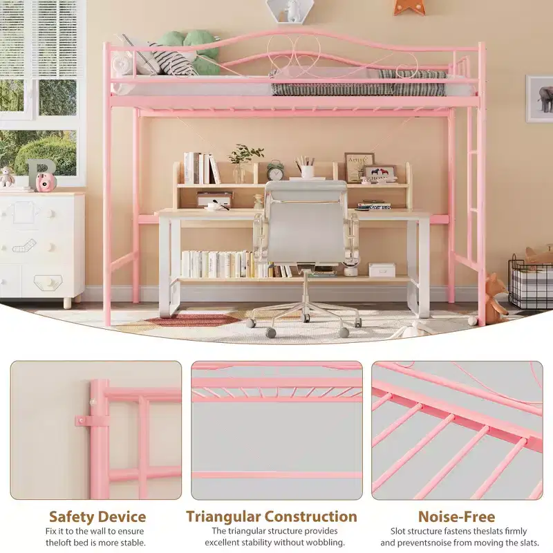 Single loft bed  Heavy-duty metal frame, removable ladder, full-length safety rails, 400 lbs weight capacity, no mattress base required