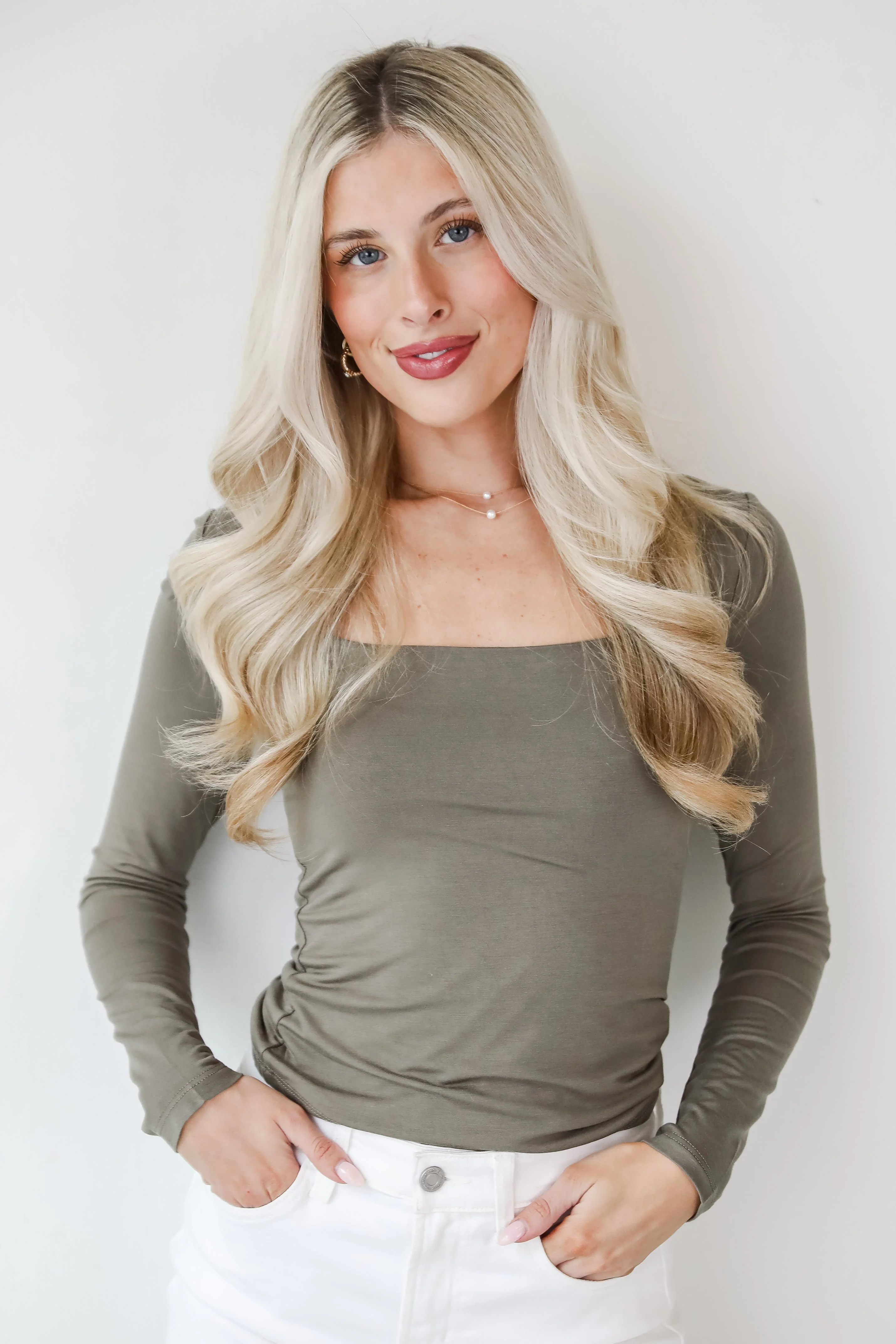 Square Neck Long Sleeve Fitted Double Lined Rayon Top