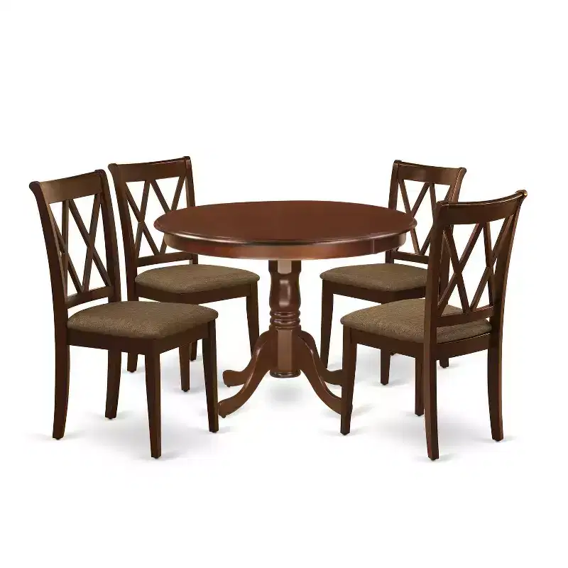 HomeStock 5-Piece Round Mahogany Finish Solid Wood Top Dining table with 4-Chairs with Cross Back