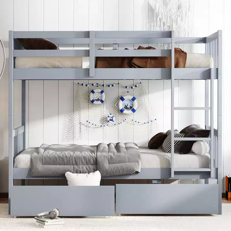 77.3IN Twin-Over-Twin Bunk Bed with 2 Storage Drawers, Convertible into 2 Twin Beds for Bedroom, Kids Room, Gray