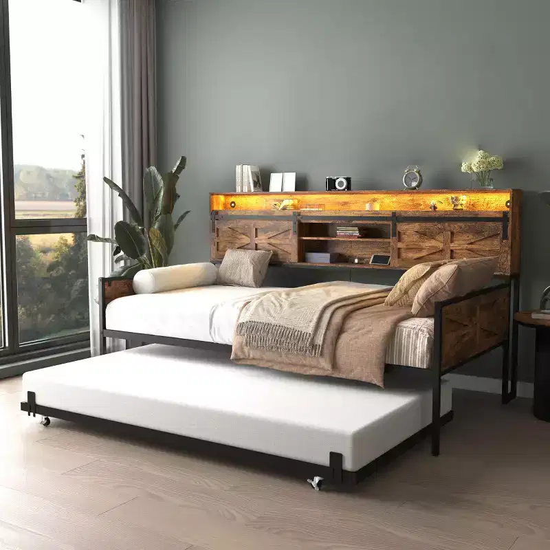 Twin Daybed with Trundle and Storage Headboard – Metal Frame, 400 lbs Capacity