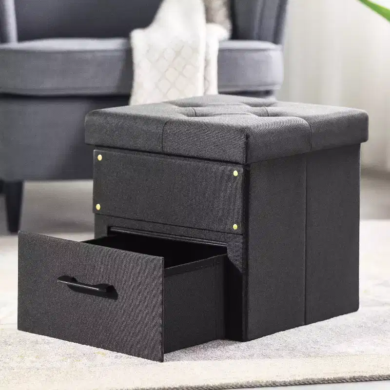 Collapsible Ottoman with Storage Drawer – Cube Footrest and Seat