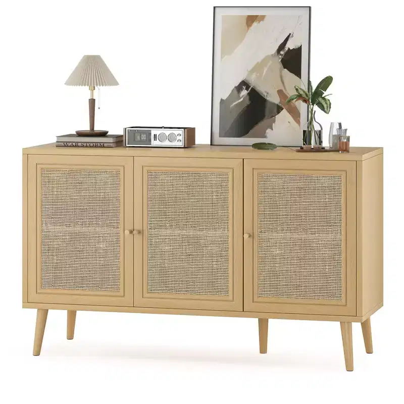 PexFix Sideboard Buffet Cabinet Kitchen Cabinet with 3 Rattan Doors and Adjustable Shelves