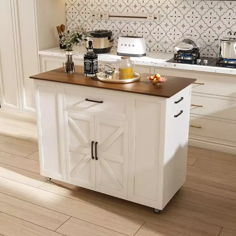 Movable Rustic Kitchen Island Cart with Wheels & Power Outlet, Wood Top Bar Table Storage Cabinet for Kitchen, Dining Room