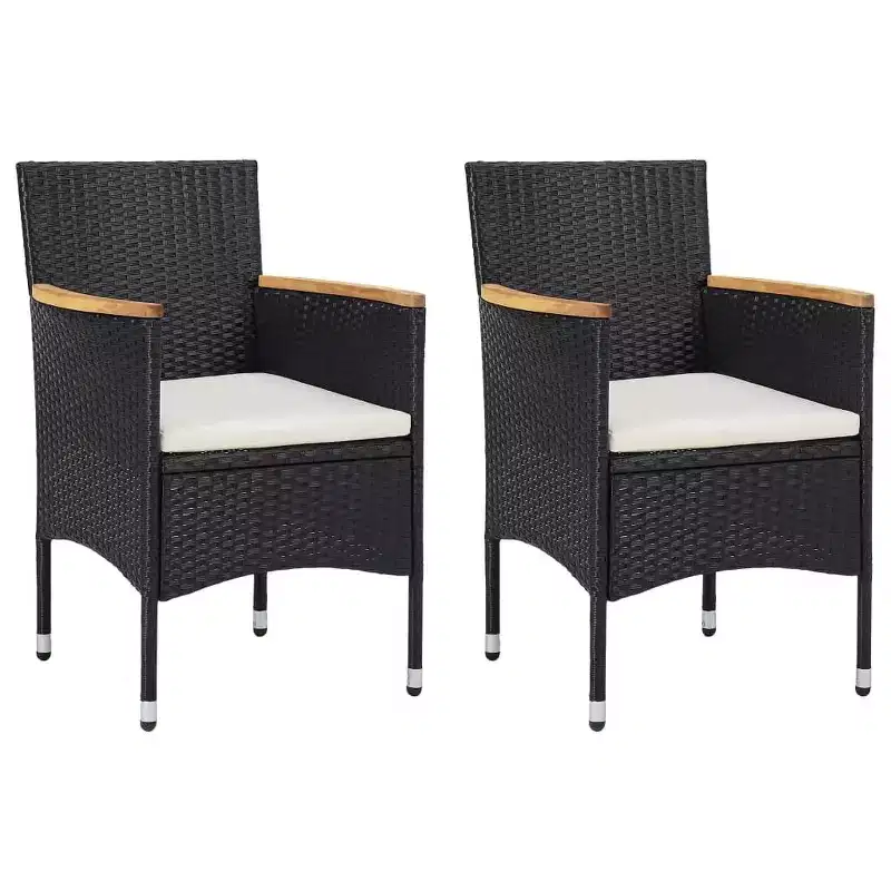 vidaXL 2 pcs Modern Patio Dining Chairs in Durable Black Poly Rattan with Acacia Wood Armrests and Removable, Washable Cushion Covers