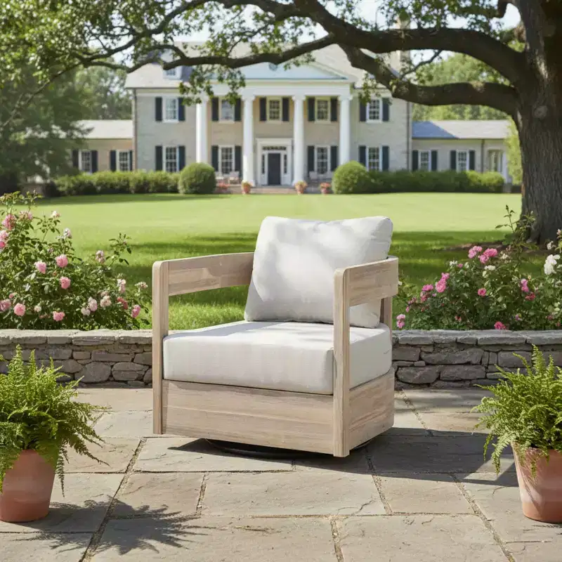Christopher Knight Home Hira Modern Outdoor Acacia Wood Swivel Club Chair with Thick Cushions and Curved Backrest