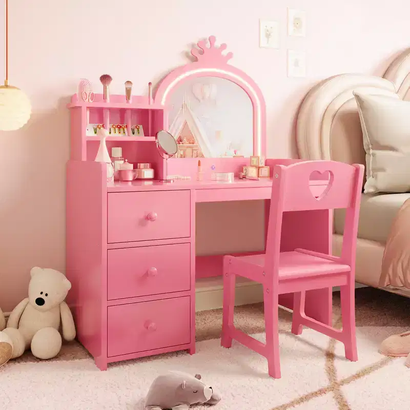 Princess Kids Vanity Table Set,Lighted Mirror, 3 Drawers, Storage Shelves, Detachable Top - Wooden Makeup & Dressing Desk for Little Girls