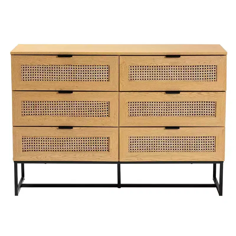 Wood and Metal 6 Drawer Storage Cabinet with Natural Rattan Oak Brown/Black - Mid-Century Credenza