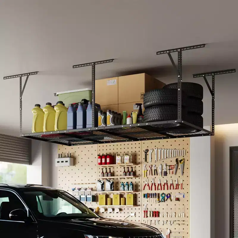 Ceiling Mounted Garage Storage Rack - Adjustable Height Metal Shelf
