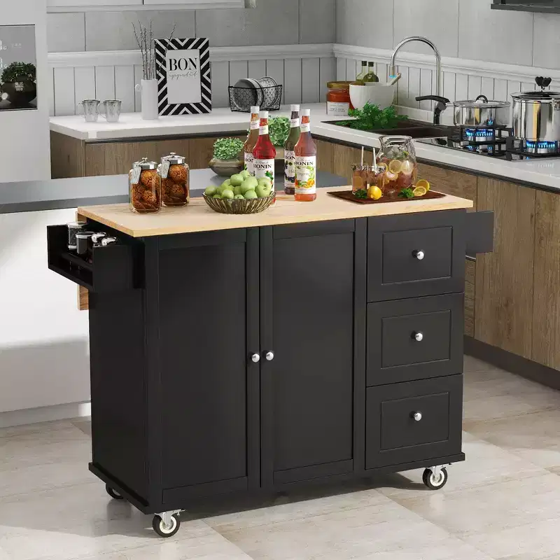 Modern Kitchen Island Cart with Racks and Drawers, Rolling Mobile Kitchen Cart with Drop Leaf