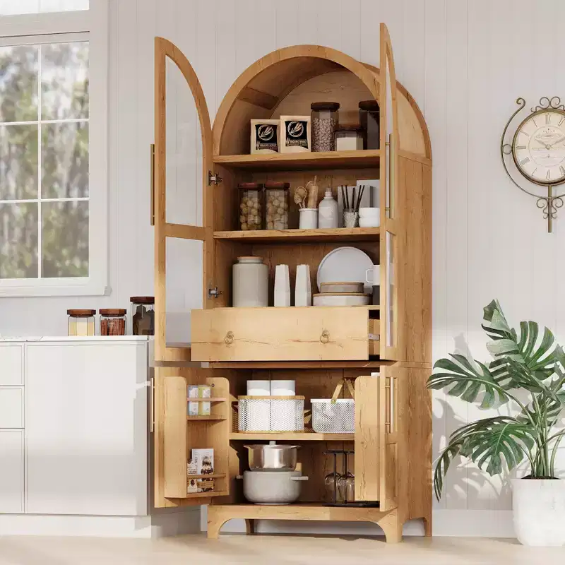 71 Tall Arched Kitchen Pantry Cabinet, Freestanding Cupboard Storage Cabinet with Glass Door, Coffee Bar Cabinet for Kitchen, Dining Room
