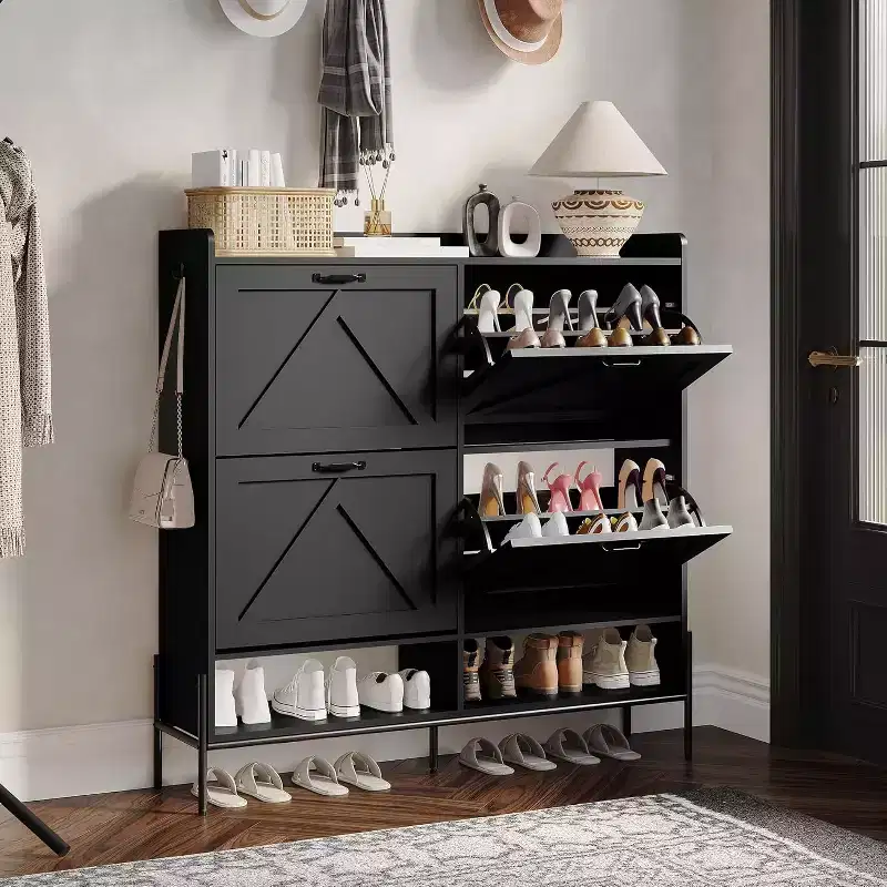 Black + Wood / Retro Shoe Cabinet with 4 Flip Drawers – Freestanding, Holds 28 Pairs