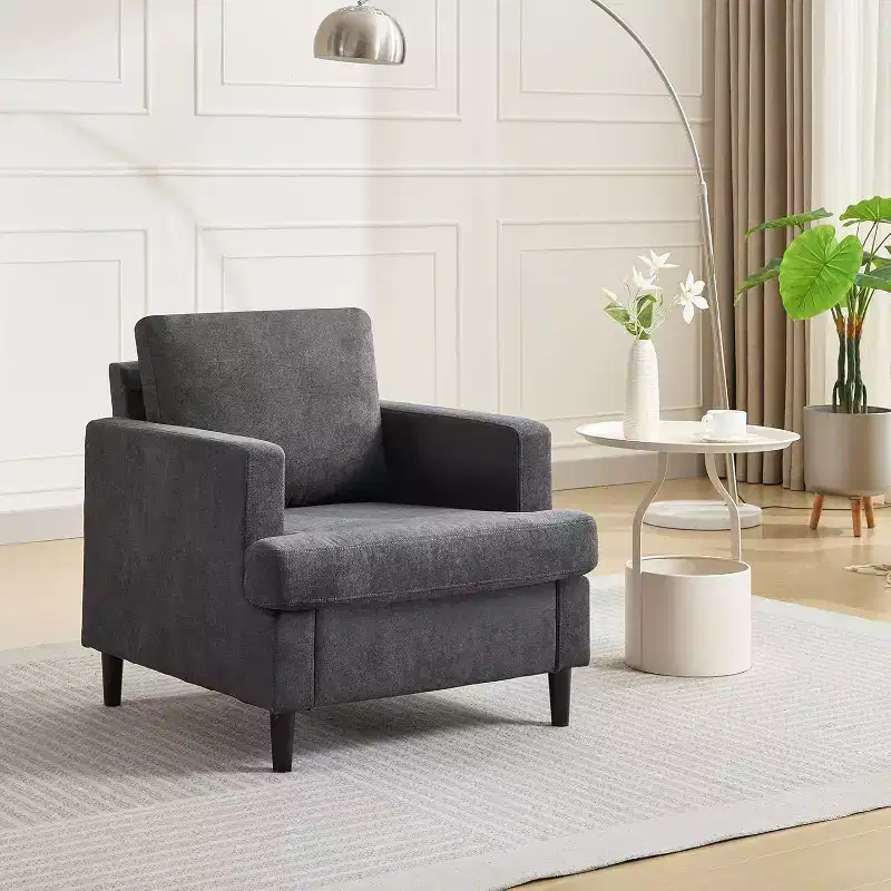 Oversized Mid-Century Accent Chair, Linen Upholstered Armchair with Thick Cushion – Gray