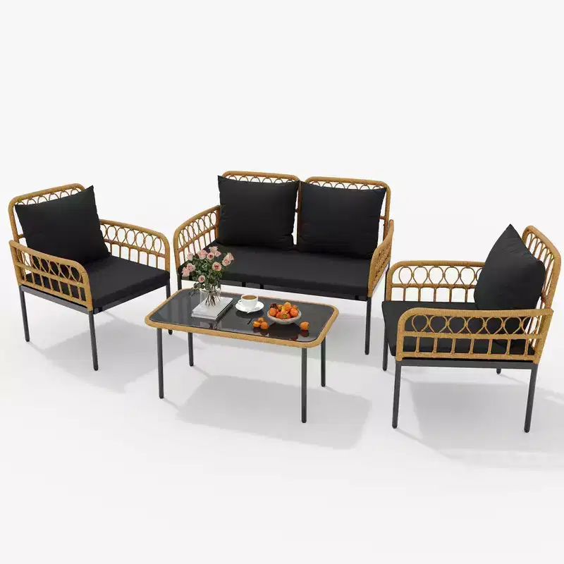 4-Piece Patio Furniture Set, Rattan Outdoor Patio Table and Chair Set with Glass Side Table and Loveseat, Suitable for Apartments, Backyards, Beige