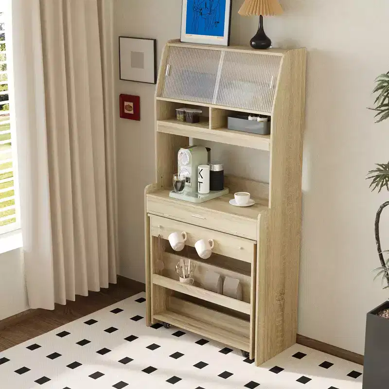Versatile Buffet Hutch with Foldable Dining Table, Storage Shelf and Side Hooks