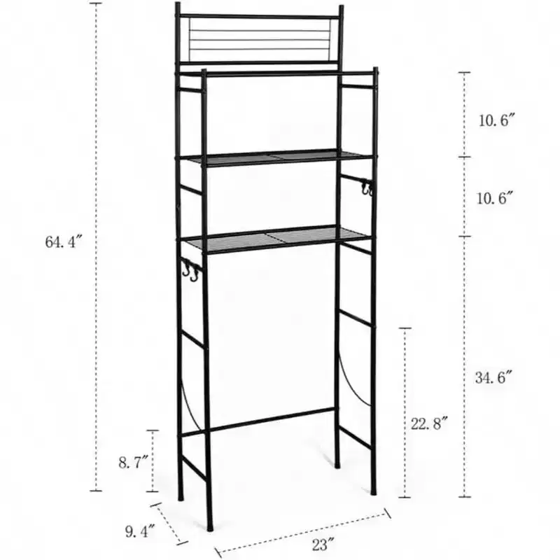 3 - Shelf Wire Freestanding Shelving Unit Over Toilet Storage Organizer Rack Bathroom Space Saver Includes 4 - Hooks Black