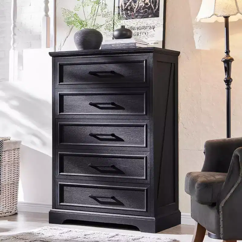 5 Drawer Dressers for Bedroom, 46 Tall Farmhouse Chest of Drawer with Wide Metal Handle, Wood Drawer Organizer for Bedroom, Hallway