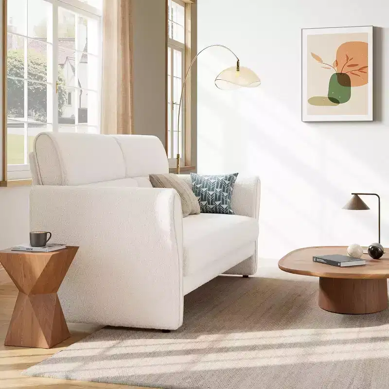 57 Modern Boucle Upholstered Loveseat with Lumbar Pillow  2-Seater Deep Seat Sofa for Small Spaces & Apartments, Beige