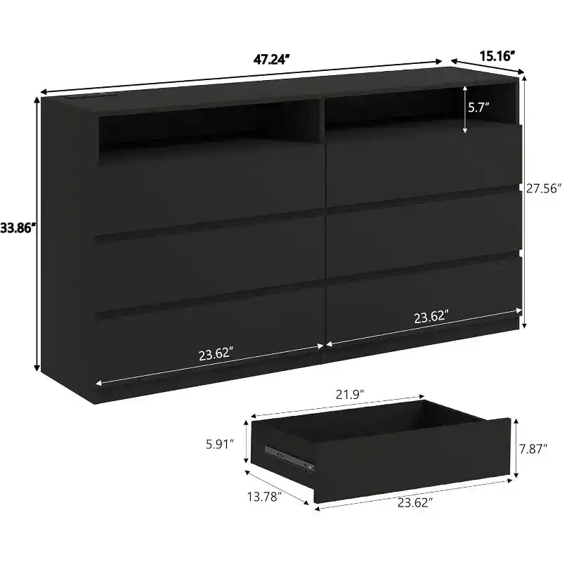 6-Drawer Double Dresser with LED Lights, Wide Storage Chest with Open Shelving,White