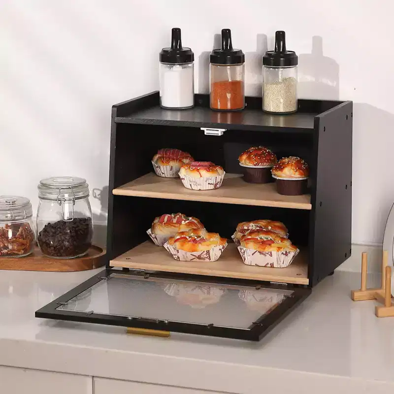 Farmhouse Bread Box - Double Layer Bamboo Storage with Window for Countertop, Holds Bread & Baked Goods