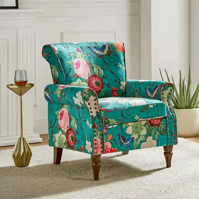 Traditional Polyester Accent Chair with Rolled Arms and Nailhead Trim