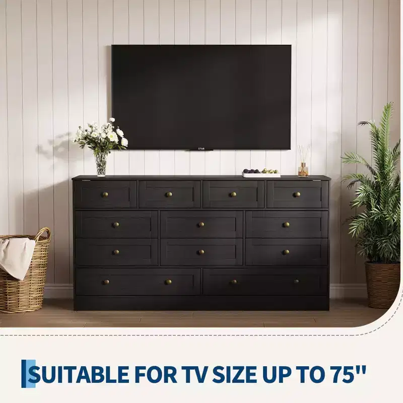 12 Drawers Wood Dressers for Bedroom, Wooden Chest of Drawers Clothes Storage Organizer for Living Room, Hallway, Modern Wide TV Stand Dresser