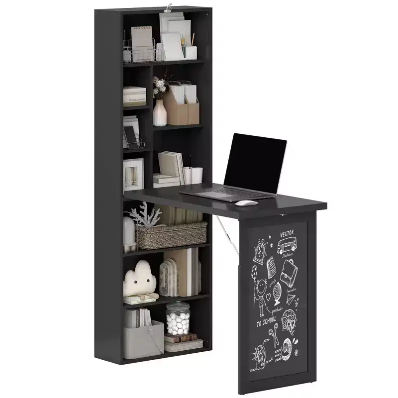 Fold-out Convertible Writing Table, Wall Mount Desk Cabinet with Blackboard and Side Shelf