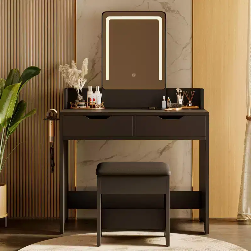 Bestier Vanity Desk Set with Lighted Mirror, Bedroom Makeup Table and Stool Set with Hair Dryer Holder, 31 Vanity Table and Chair with 2 Drawers
