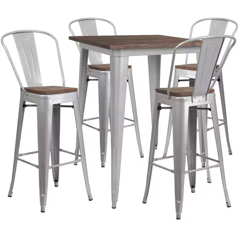 Flash Furniture 31.5 Square Metal Bar Table Set with Wood Top and 4 Stools