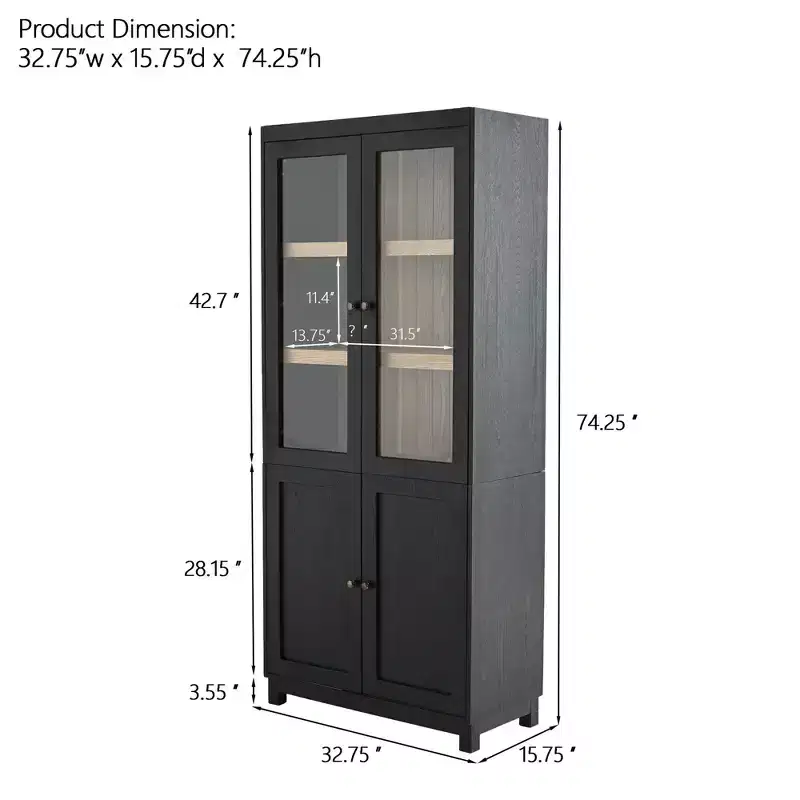 Modern Display Buffet Cabinet with Glass Doors & Adjustable Shelves, Bookshelves Pantry Cabinet for Kitchen/Hallways/Living Room