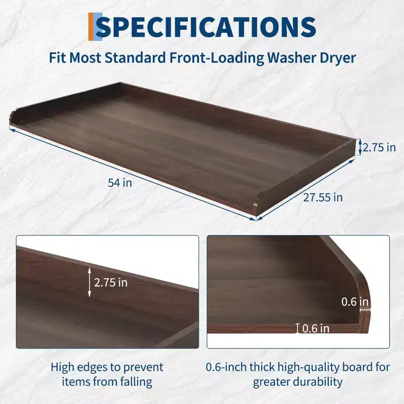 Washer Dryer Countertop, 54x27.5 Inches Waterproof Wood Laundry Topper - Edge Railing, Non-Slip for Laundry Room Organization