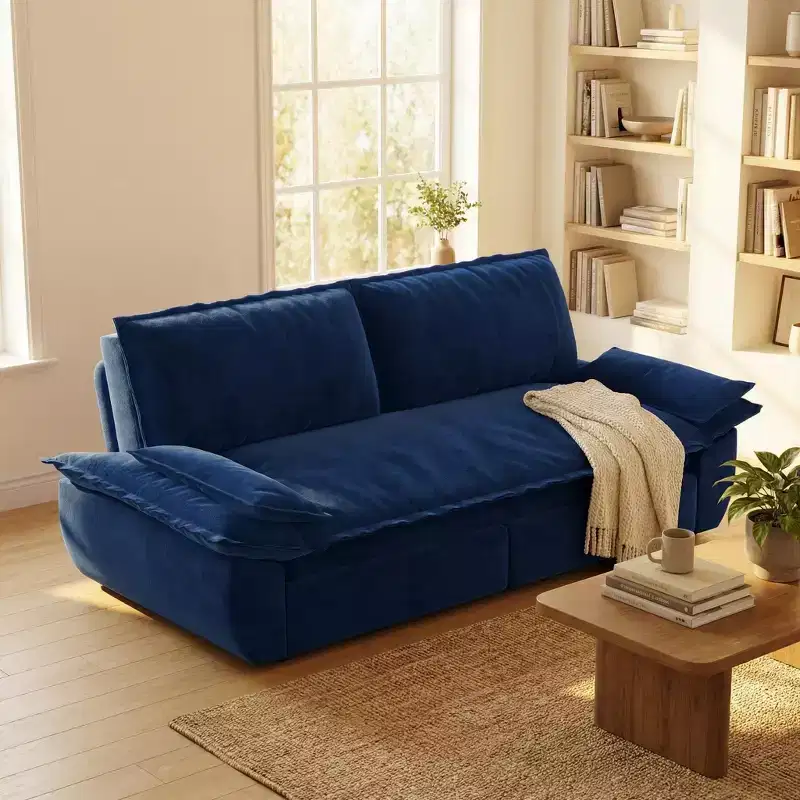 Blue Velvet Convertible Sofa Bed, 3-in-1 Pull-Out Sleeper Couch, Seats 3