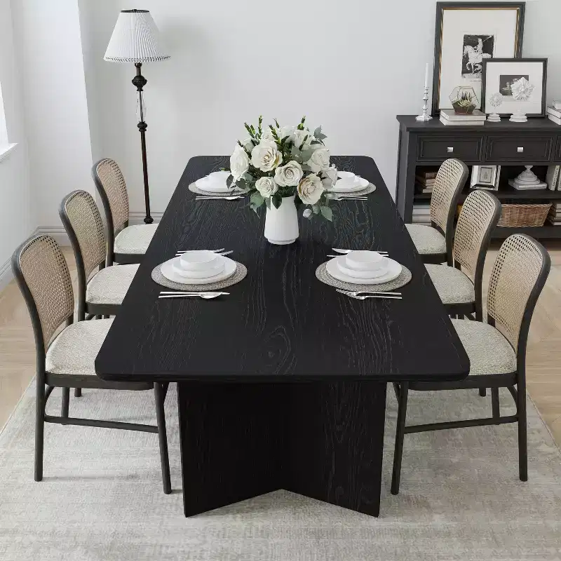 79 x 33.5 Solid Wood Farmhouse Dining Table with V-Shaped Legs and Square Wood Top for Modern Dining Rooms & Family Gatherings Black