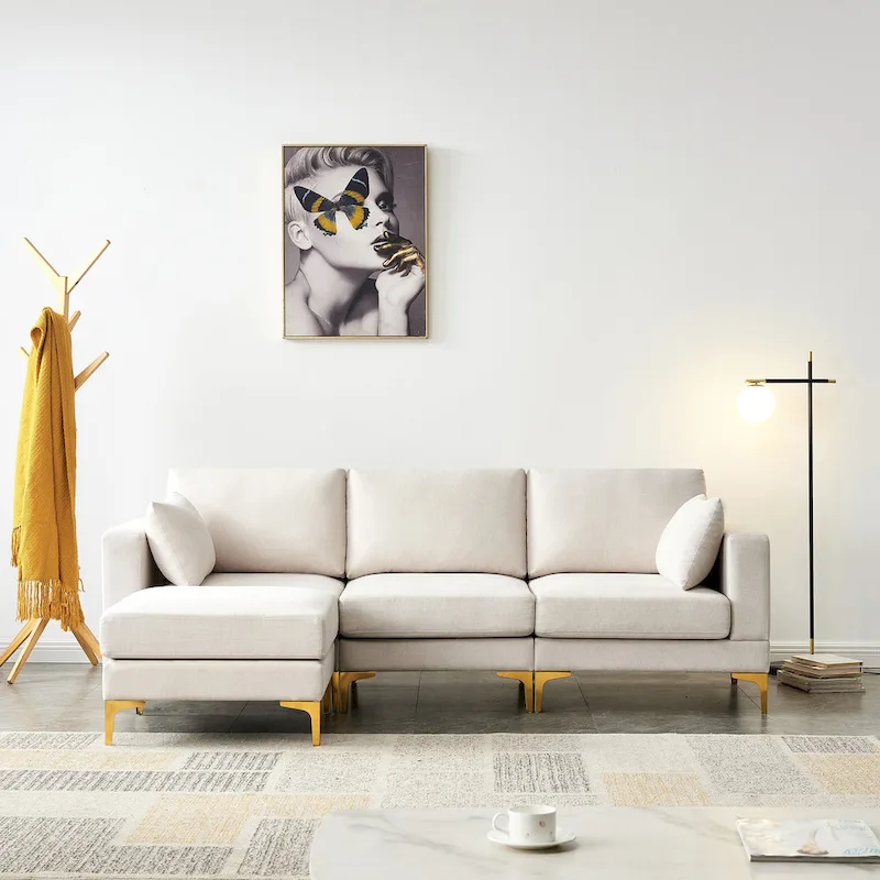 Christopher Knight Home - Beige L-Shape Sectional Sofa with Gold Metal Legs and Ottoman