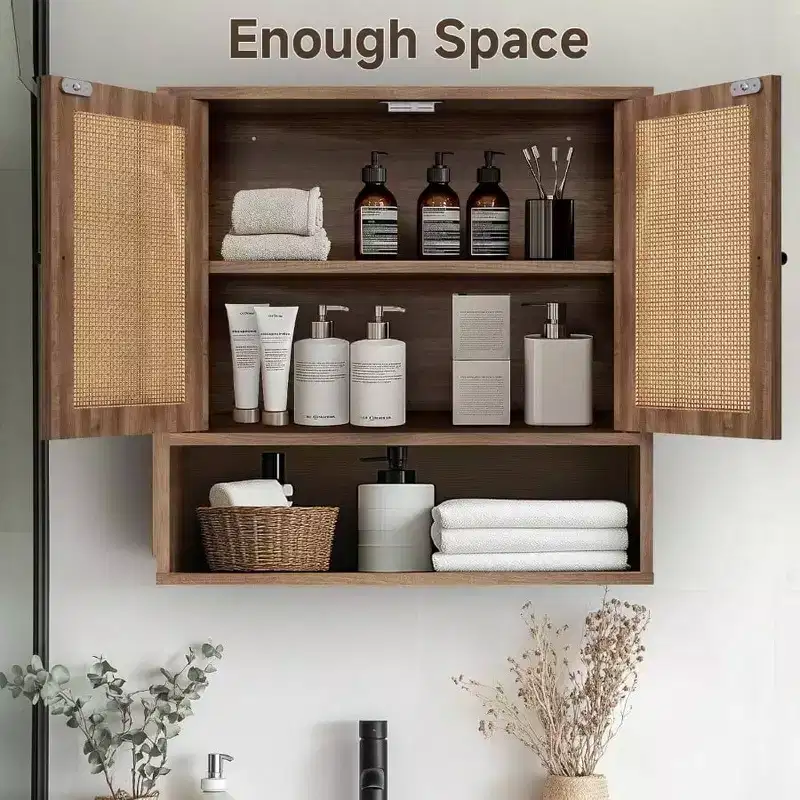 Wall Cabinet Rattan Boho Chic Over Toilet Storage 3 - Tier Wall Mount Double - Door Bathroom Kitchen Dining Room Living Room