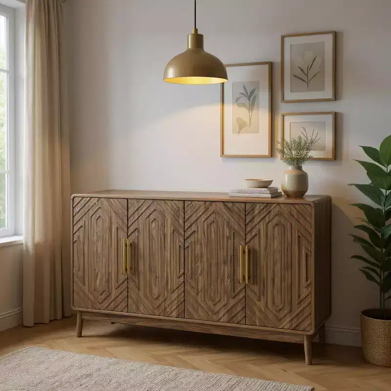 FurnitureR 55 Modern Wood Sideboard Buffet Cabinet with 4 Doors, Geometric Carved Design & Gold Handles for Dining Room, Living Room or Entryway