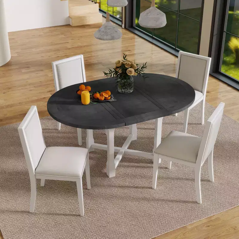 Whisen 5-Piece Extendable Dining Table Set for 4, Round Dining Table for 4 with Upholstered Chairs