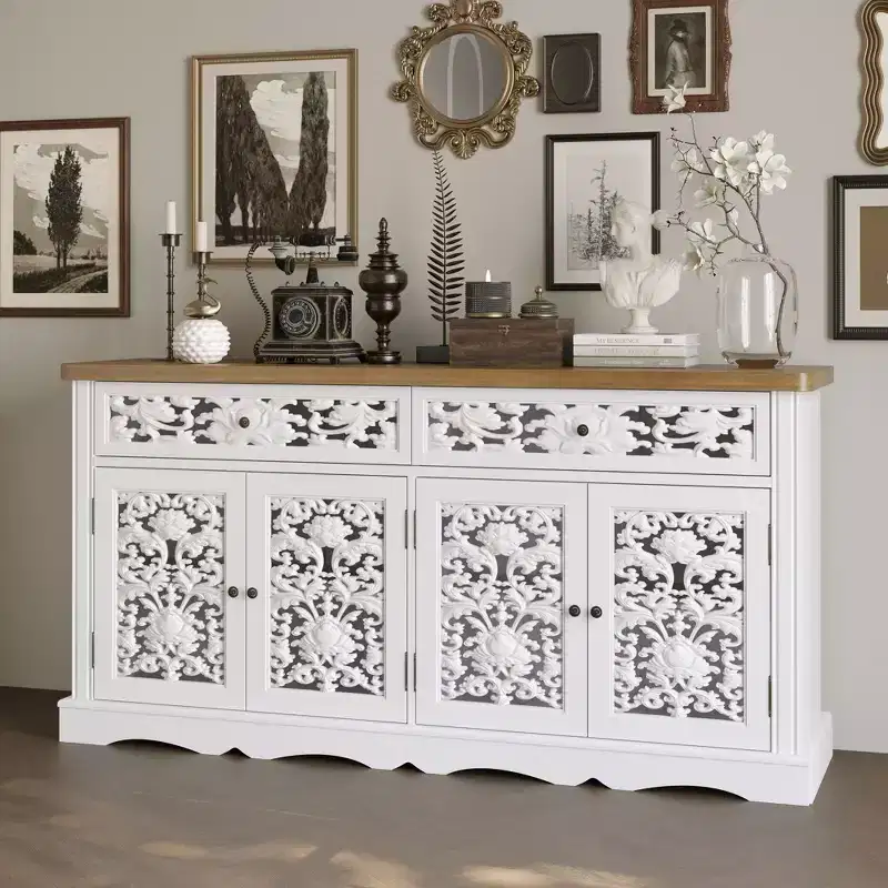Famapy White Decorative Cabinet Sideboard Accent Cabinet with Hollow Relief - Patterned Doors Bookshelf