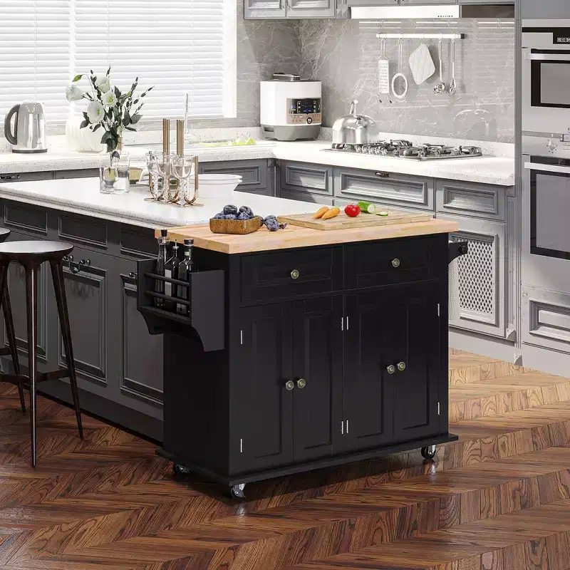 Farmhouse Kitchen Island with Rubberwood Top, Kitchen Cart with Spice Rack, Towel Rack and Drawers