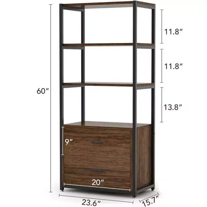 4-Tier Bookshelf with 2 Drawers – Metal Frame, Particle Board, 60