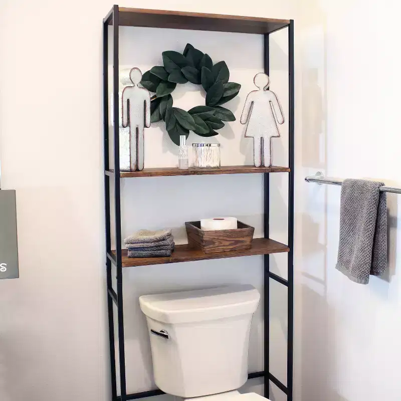 3 Shelf Iron and Veneer Over the Toilet Etagere Bathroom Storage Cabinet Space Saver - Teak