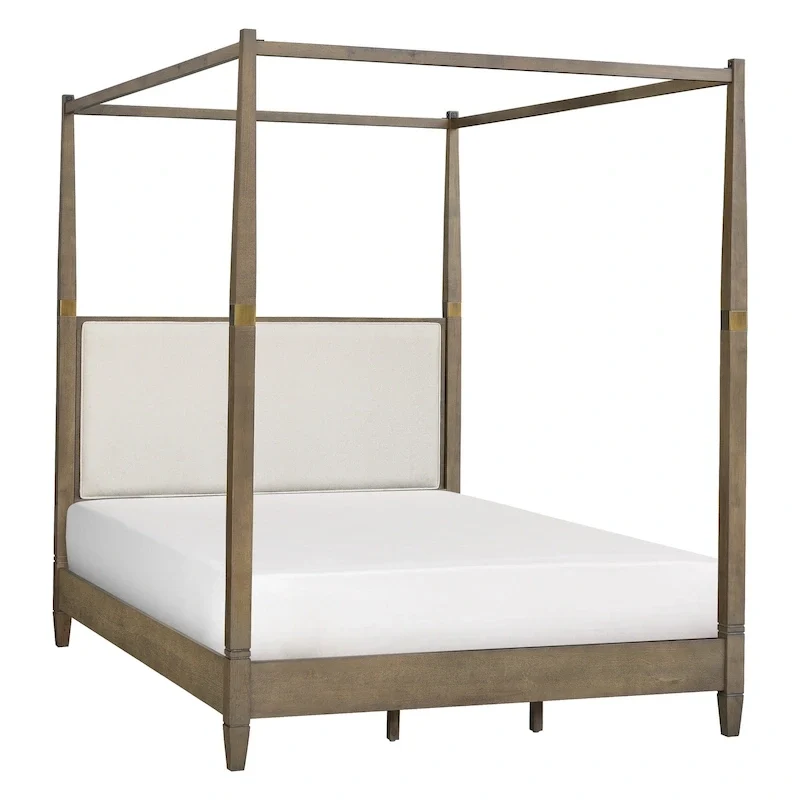 Queen Canopy Bed Frame, Solid Wood, Upholstered Headboard, Gold Metal Cuffs, Slat Foundation, 86.75W x 63.25D x 80H in