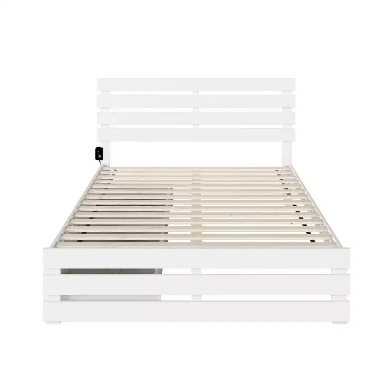 Queen Bed with Footboard, USB Turbo Charger & 2 XL Storage Drawers, White, Farmhouse Style, Painted Wood, Platform Design