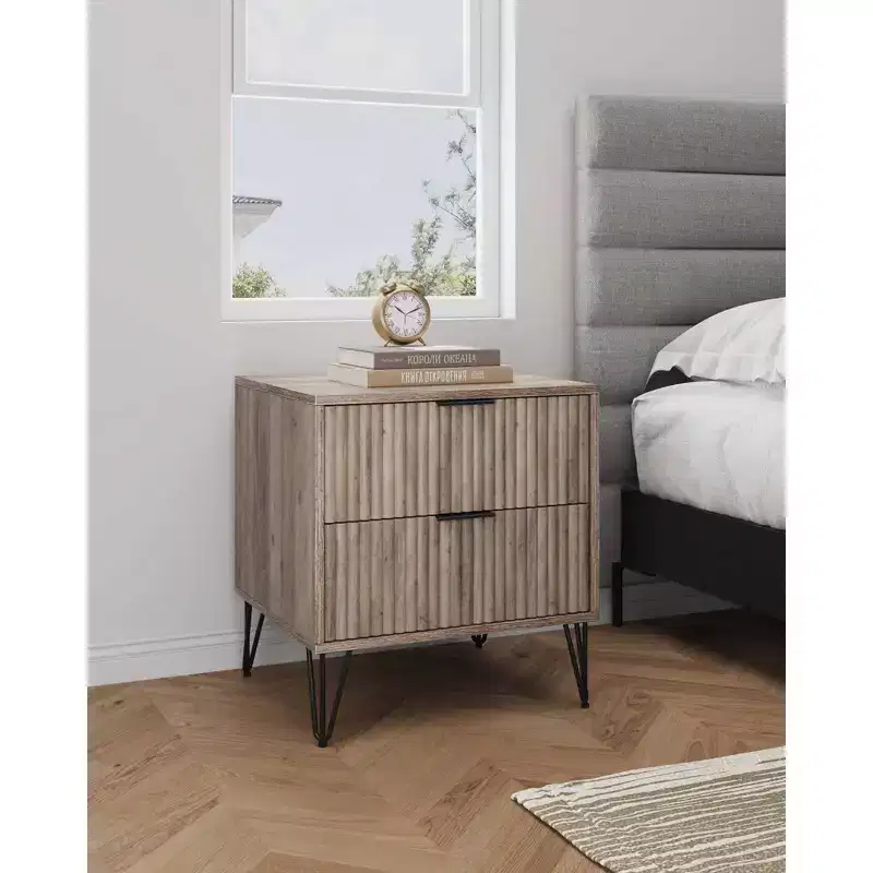 Manhattan Comfort Dumbo 2 Drawer Nightstand Rustic Gray: Modern Design, Metal Legs, MDF Frame