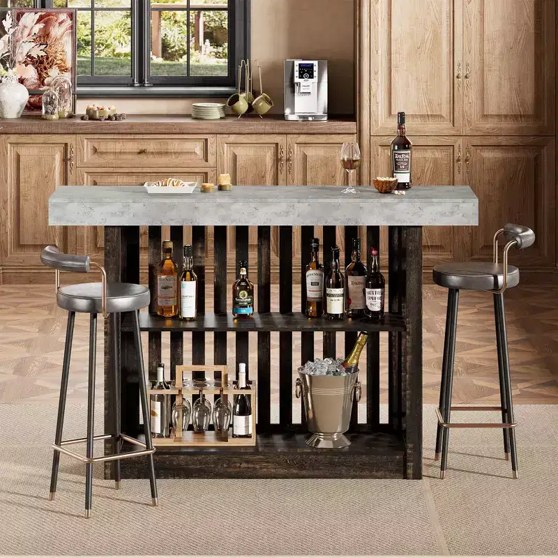 Modern 63 Counter Height Bar Table with 2-Tier Storage Shelves  Sturdy Dining Table for Restaurant, Bistro, or Living Room  Seats 4-8
