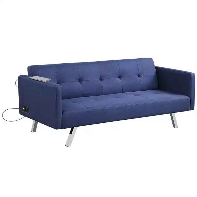 Convertible Futon Sofa Bed Folding Recliner w/USB Ports&Power Strip Grey\Blue
