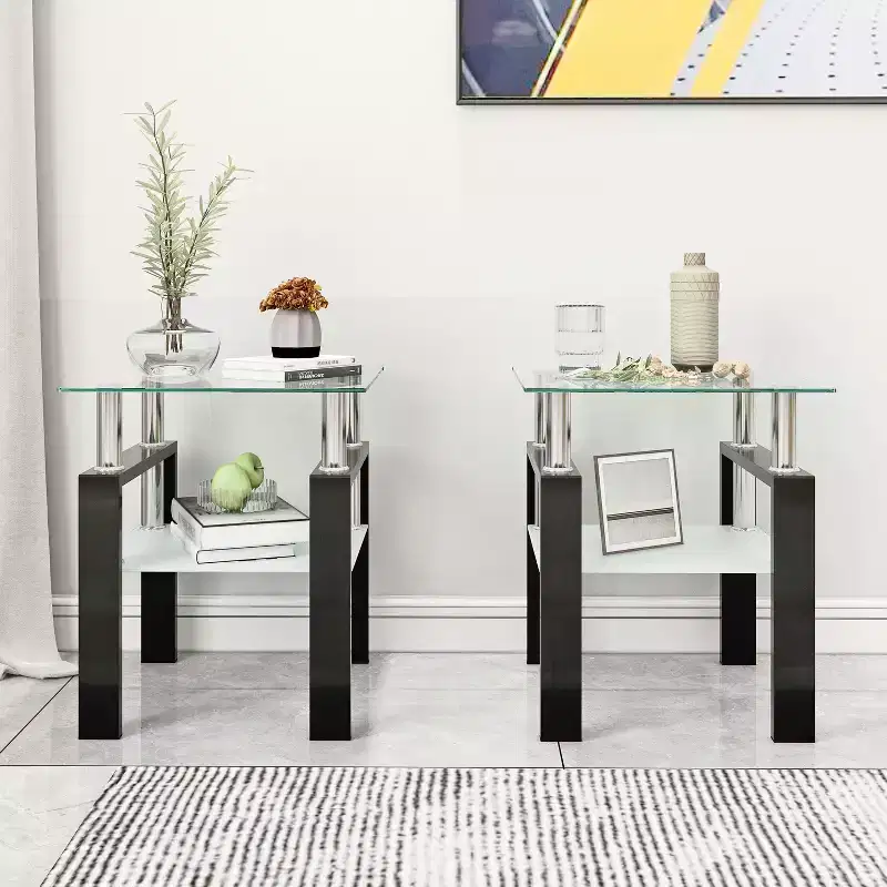 MAYEERTY Modern Tempered Glass End Table, Square Side Table for Living Room Bedroom, Set of 2, Transparent